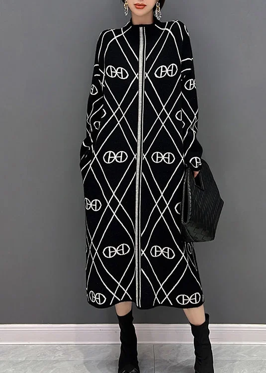 Wrap - Style Women's Lambswool Sweater Dresses in Elegant ShadesUnique Black Stand Collar White Striped Patchwork Knit Long Dress Fall Wrap - Style Women's Lambswool Sweater Dresses in Elegant ShadesUnique Black Stand Collar White Striped Patchwork Knit Long Dress Fall