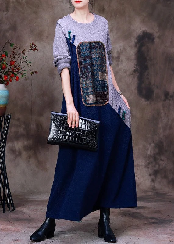 Mock Neck Women's Angora Blend Sweater Dresses in Solid ColorsWomen Grey Blue Patchwork Oriental Button Knit Sweater Dress Long Sleeve