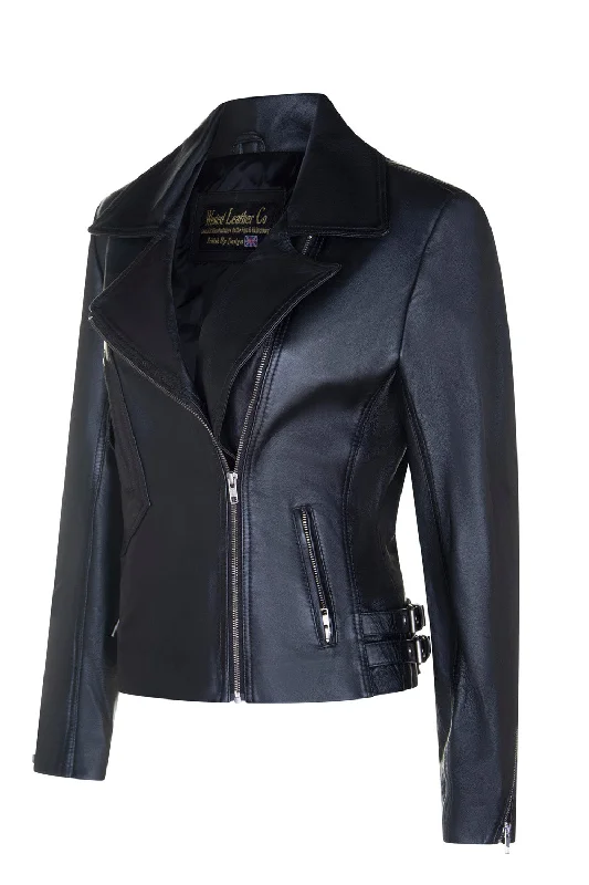 Women's double - breasted tweed jackets in classic colors for a sophisticated office lookLadies 2588 Black or Tan Fashion Biker Jacket with Unique Pockets in Soft Lambskin