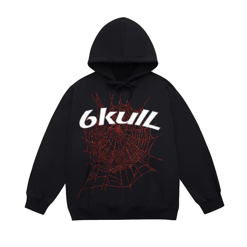 Women's hoodie with a glittery print for a glamorous and sparkly appearance6Kull Spider Web Print Gothic Punk Hoodie Women's hoodie with a glittery print for a glamorous and sparkly appearance6Kull Spider Web Print Gothic Punk Hoodie