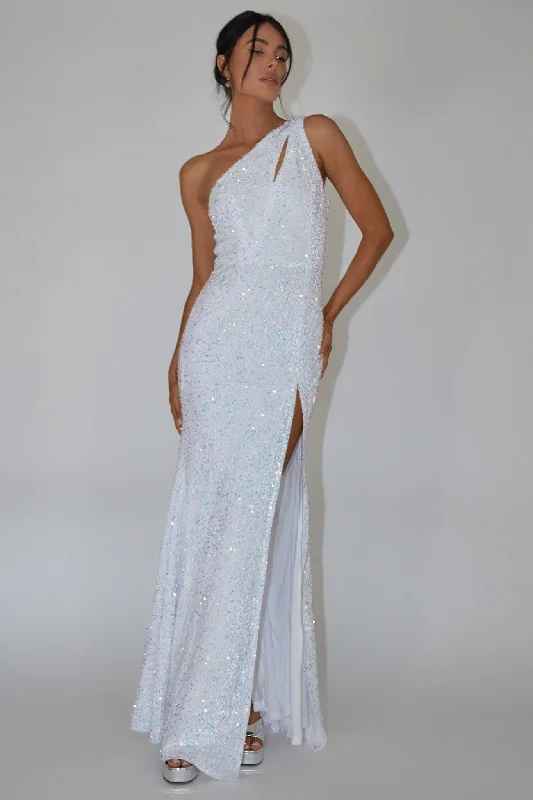 Plus Size Women Dress with a Flattering A - Line Cut for Comfort and StyleAmbrely One-Shoulder Sequin Maxi Dress White