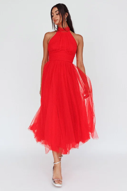 Mermaid - Style Women Dress with a Fitted Silhouette for Special OccasionsAndria Halterneck Tulle Midi Dress Red