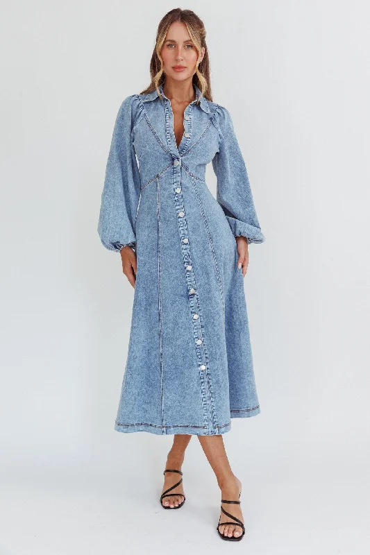 Plus Size Women Dress with a Flattering A - Line Cut for Comfort and StyleAnia Long Balloon Style Midi Dress Denim Blue