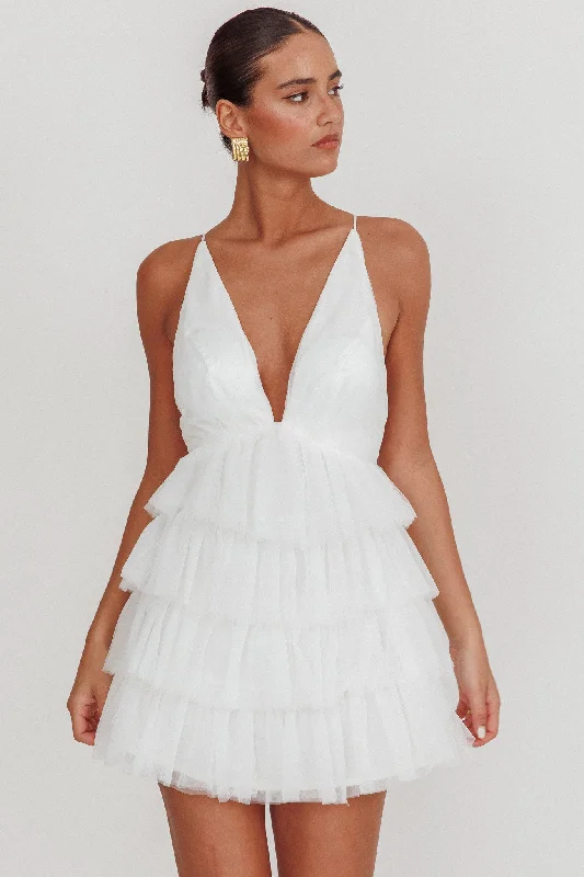 Plus Size Women Dress with a Flattering A - Line Cut for Comfort and StyleAuguste Tiered Ruffle Tulle Mini Dress White