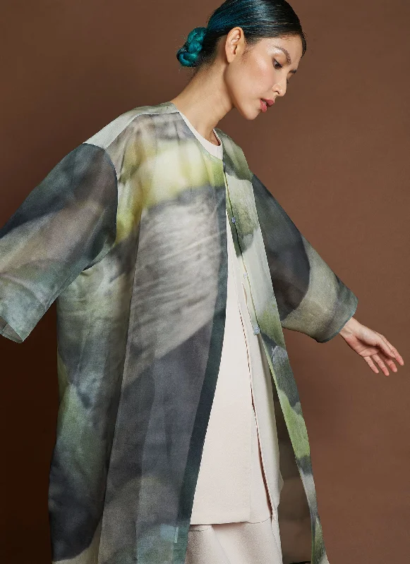 Women's long - length wool blend jackets for a warm and stylish winter lookBazan Printed Organza Silk Button-up Shirt Jacket - Roots Print Women's long - length wool blend jackets for a warm and stylish winter lookBazan Printed Organza Silk Button-up Shirt Jacket - Roots Print