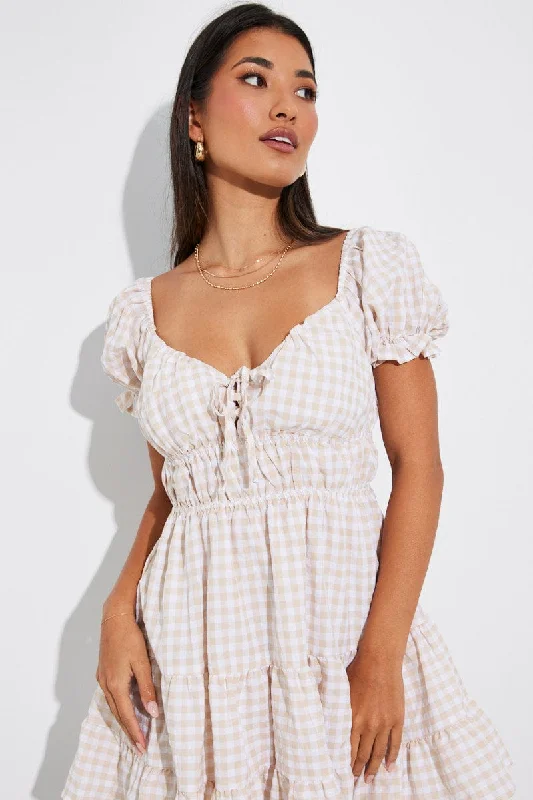 Lace - Embellished Women Dress for an Elegant and Sophisticated AppearanceBeige Check Fit and Flare Dress Short Sleeve Tiered