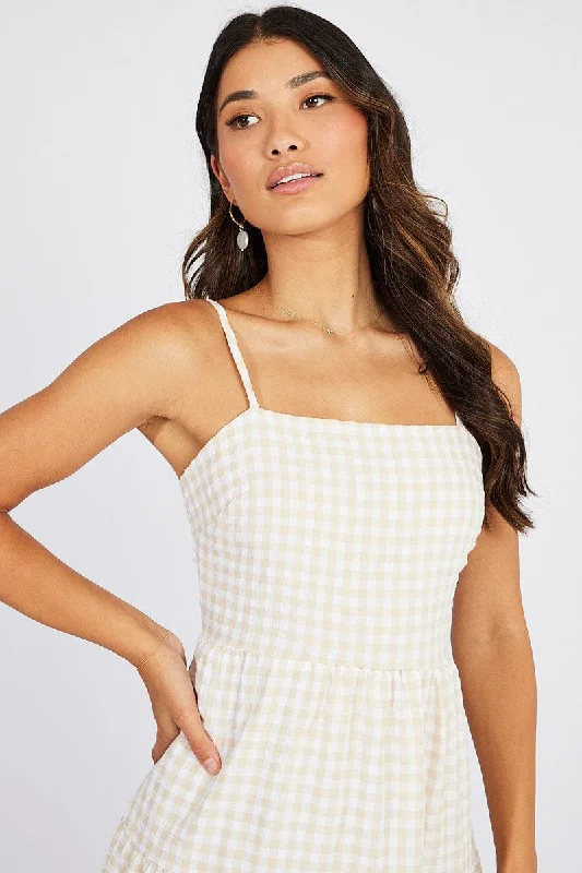 Shift Women Dress with a Simple and Classic Design for Everyday WearBeige Check Midi Dress Sleeveless Tie Back