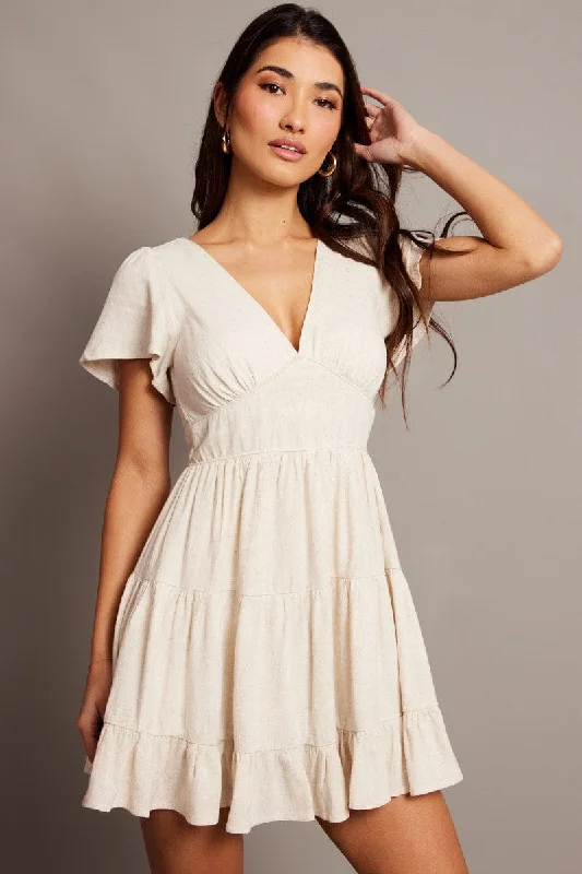 Halter Neck Women Dress to Show Off the Shoulders and NecklineBeige Fit And Flare Dress V-neck Mini