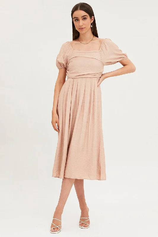Halter Neck Women Dress to Show Off the Shoulders and NecklineBeige Midi Dress Evening Square Neck