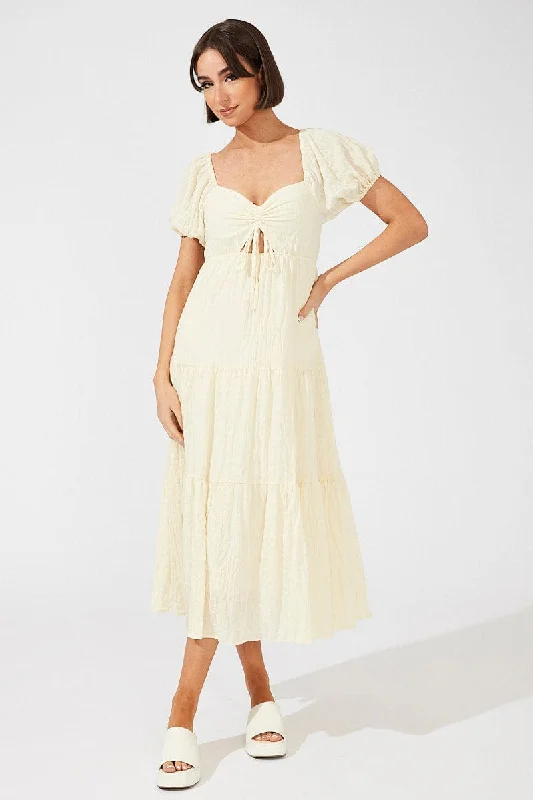 Printed Abstract Women Dress for a Modern and Artistic AppealBeige Midi Dress Puff Sleeve Ruch Front