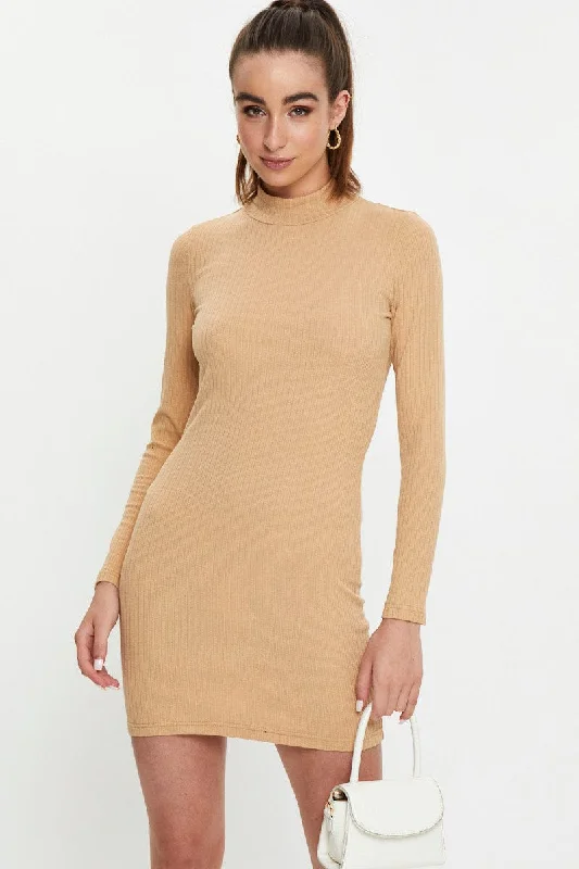 Strapless Women Dress with a Built - in Bra for Comfort and SupportBeige Ribbed Bodycon Dress Strapless Women Dress with a Built - in Bra for Comfort and SupportBeige Ribbed Bodycon Dress