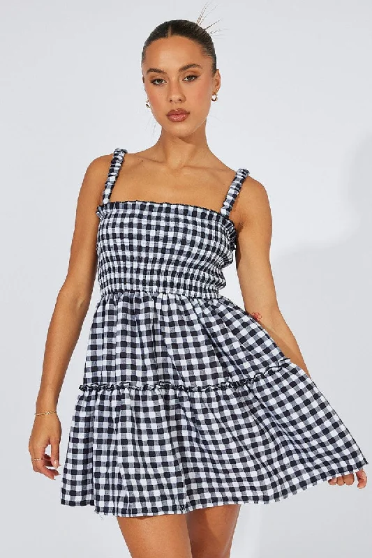 Shift Women Dress with a Simple and Classic Design for Everyday WearBlack Check Fit And Flare Dress Shirred Bust Mini