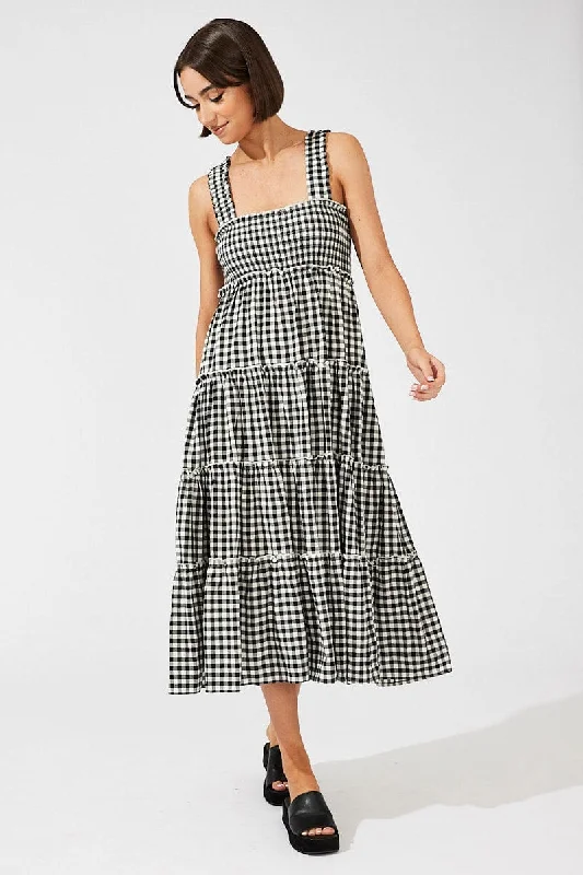 Lace - Embellished Women Dress for an Elegant and Sophisticated AppearanceBlack Check Maxi Dress Shirred Bust Tiered
