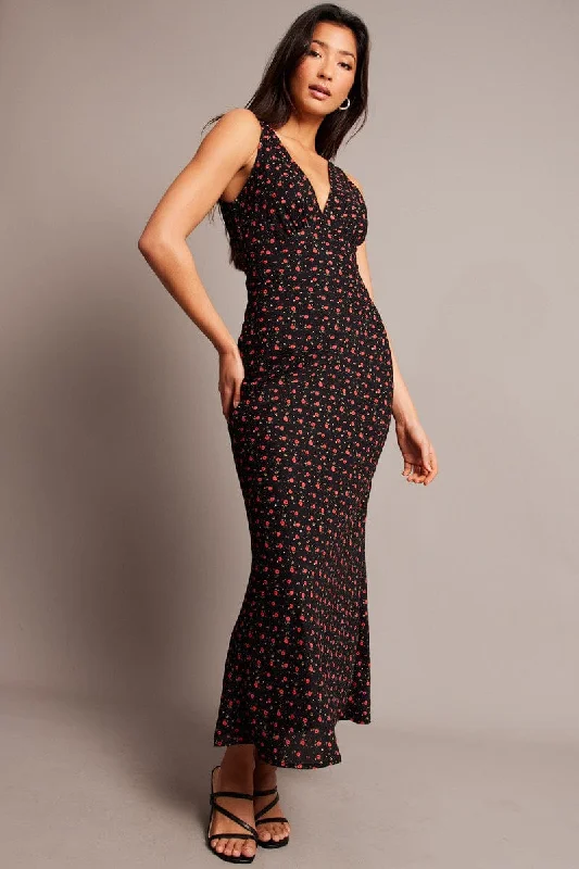 Empire Waist Women Dress to Accentuate the Bust and Conceal the WaistBlack Ditsy Maxi Dress V-Neck Sleeveless Empire Waist Women Dress to Accentuate the Bust and Conceal the WaistBlack Ditsy Maxi Dress V-Neck Sleeveless