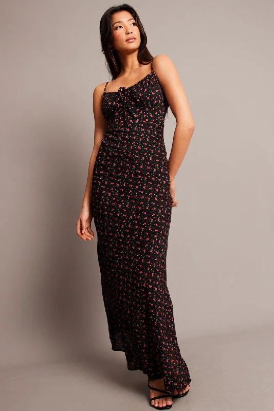 Shift Women Dress with a Simple and Classic Design for Everyday WearBlack Ditsy Midi Dress Gathering Bust Sleeveless Shift Women Dress with a Simple and Classic Design for Everyday WearBlack Ditsy Midi Dress Gathering Bust Sleeveless