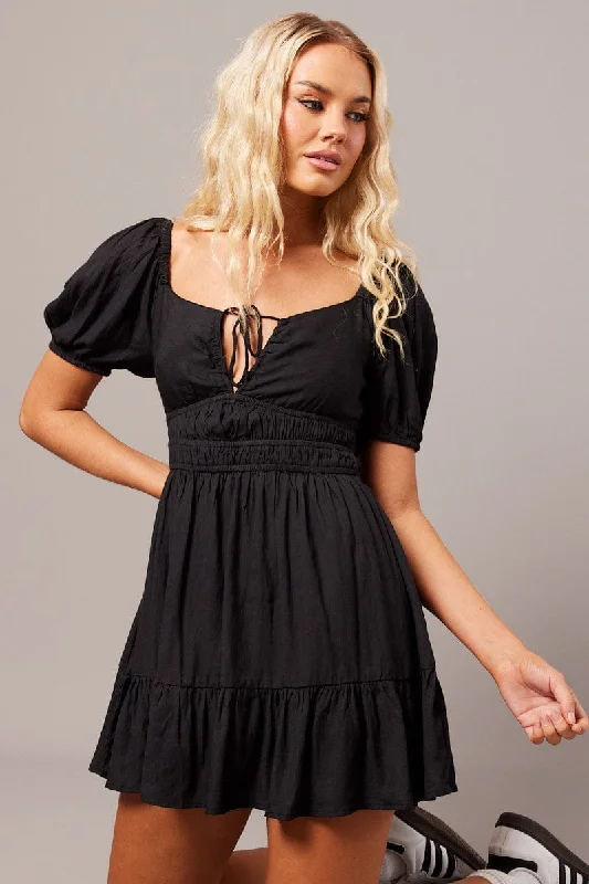 Empire Waist Women Dress to Accentuate the Bust and Conceal the WaistBlack Fit And Flare Dress Puff Sleeve Mini