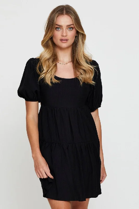 Little Black Women Dress with Sequins for a Glamorous Night OutBlack Fit And Flare Dress Short Sleeve Open Back Little Black Women Dress with Sequins for a Glamorous Night OutBlack Fit And Flare Dress Short Sleeve Open Back