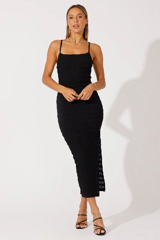 Lace - Embellished Women Dress for an Elegant and Sophisticated AppearanceBlack Maxi Dress Square Neck Bodycon Textured