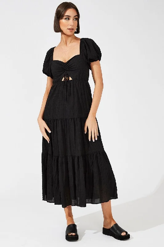 Wrap - Style Women Dress with Adjustable Fit for All Body TypesBlack Midi Dress Puff Sleeve Ruch Front
