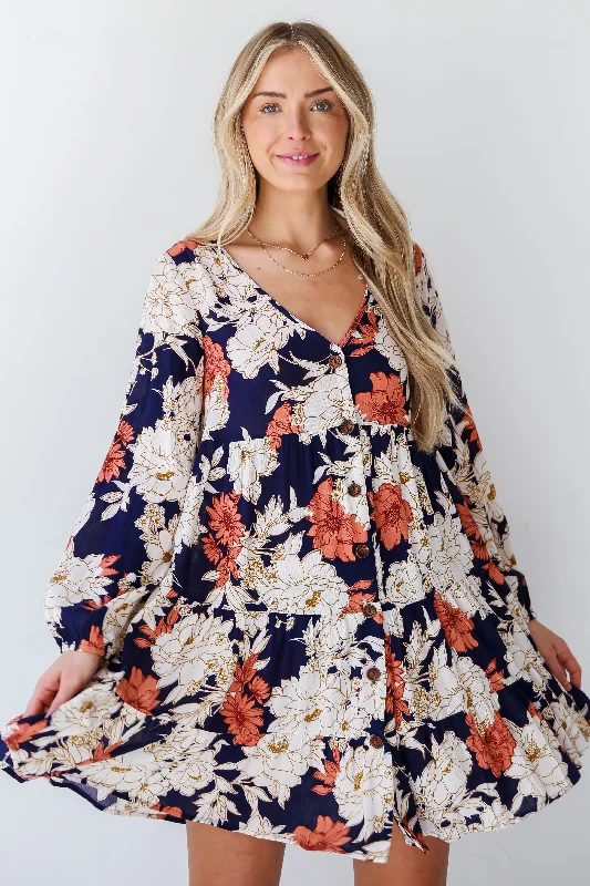 Backless Women Dress for a Sexy and Alluring Look at Evening EventsFINAL SALE - Blissful Poise Navy Floral Tiered Mini Dress