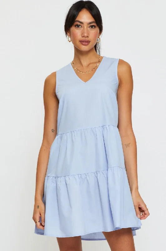 Plus Size Women Dress with a Flattering A - Line Cut for Comfort and StyleBlue A Line Dress Mini V Neck