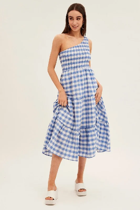 Long - Sleeve Women Dress in Velvet for a Luxurious Winter LookBlue Check Midi Dress One Shoulder Shirred
