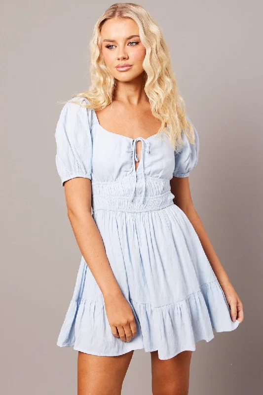 Plus Size Women Dress with a Flattering A - Line Cut for Comfort and StyleBlue Fit And Flare Dress Puff Sleeve Mini