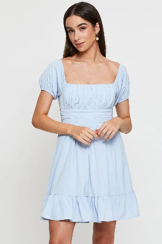 Halter Neck Women Dress to Show Off the Shoulders and NecklineBlue Fit And Flare Dress Short Sleeve Square Neck Halter Neck Women Dress to Show Off the Shoulders and NecklineBlue Fit And Flare Dress Short Sleeve Square Neck