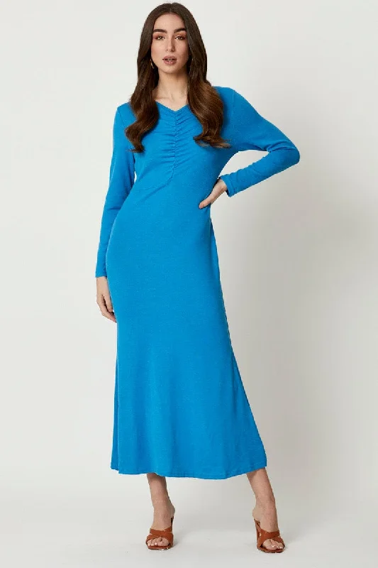 Mermaid - Style Women Dress with a Fitted Silhouette for Special OccasionsBlue Gathered Front Midi Dress