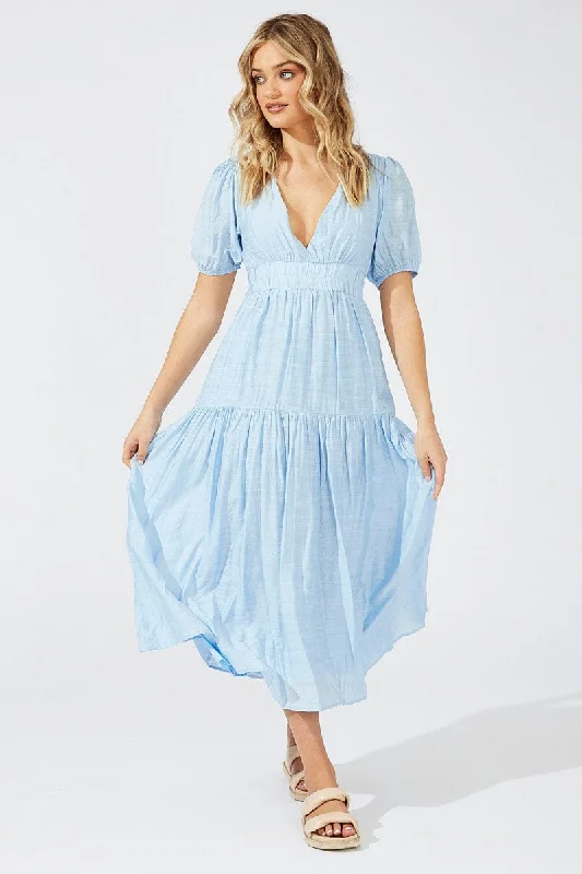 Backless Women Dress for a Sexy and Alluring Look at Evening EventsBlue Maxi Dress Puff Sleeve