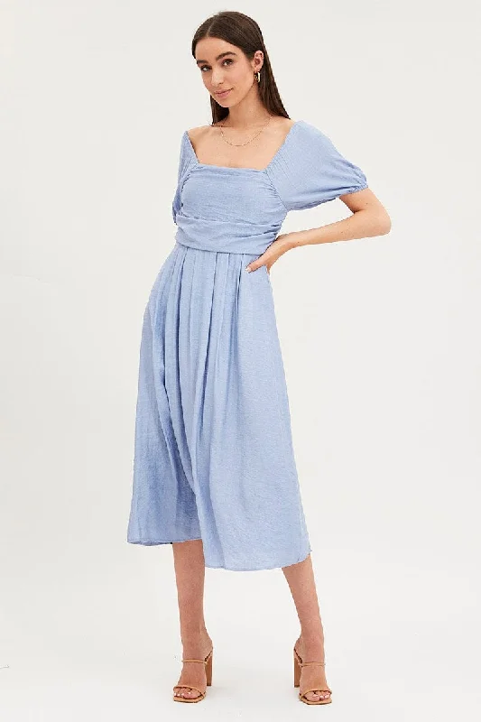 Mermaid - Style Women Dress with a Fitted Silhouette for Special OccasionsBlue Midi Dress Evening Square Neck
