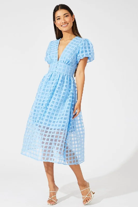 Ruffled Women Dress with Multiple Layers for a Playful and Girly StyleBlue Midi Dress Puff Sleeve V-Neck