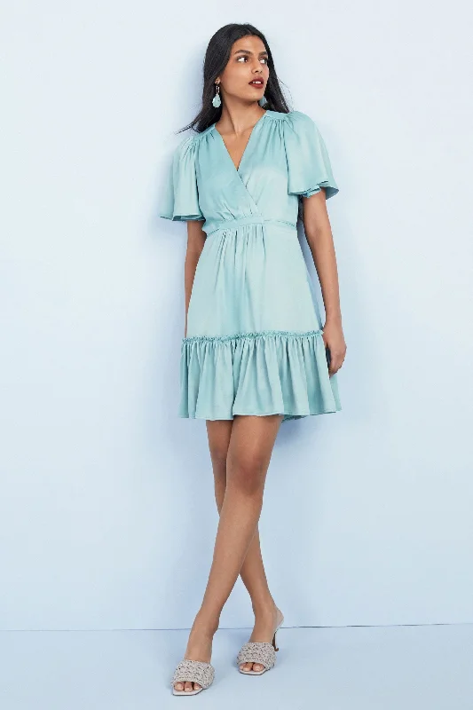 Sheath Women Dress with a Tailored Fit for a Professional LookBlue Satin Wrap Mini Tier Dress