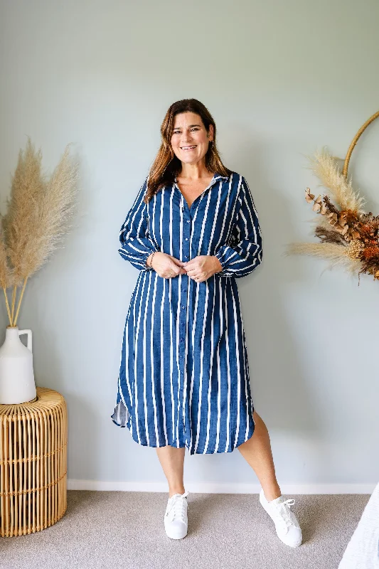 Little Black Women Dress with Sequins for a Glamorous Night OutBoho Australia Stefan Dress Navy Stripe