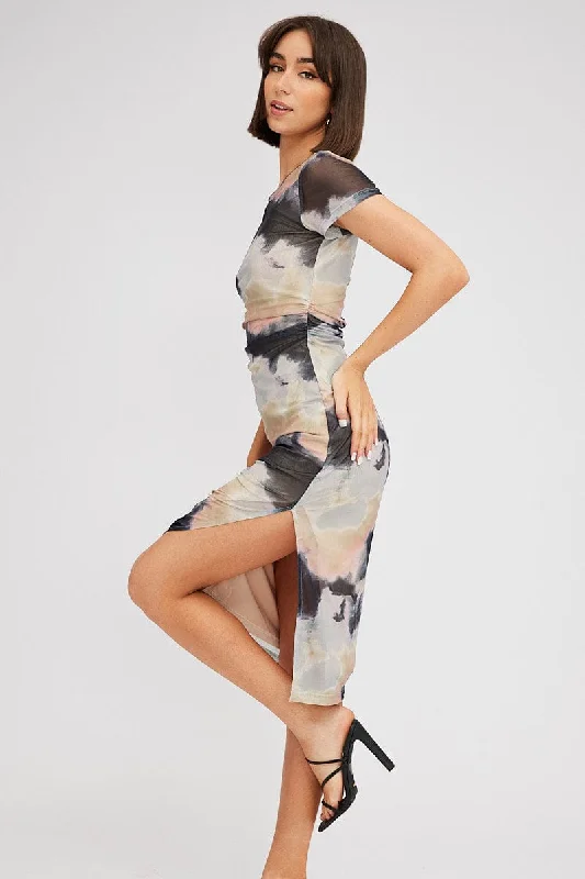 Lace - Embellished Women Dress for an Elegant and Sophisticated AppearanceBrown Abstract Midi Dress Short Sleeve Bodycon Mesh