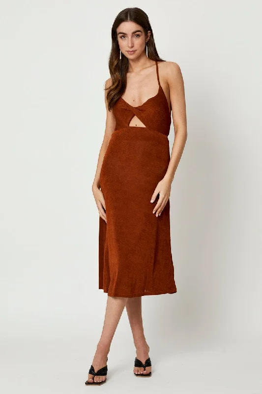 Mini Women Dress with a Short Hem for a Young and Trendy StyleBrown Cut Out Slip Dress