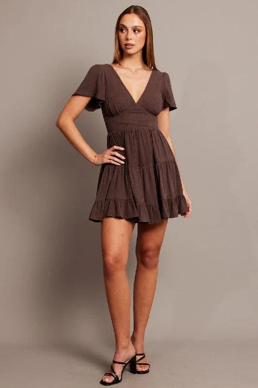 Shift Women Dress with a Simple and Classic Design for Everyday WearBrown Fit And Flare Dress V-neck Mini