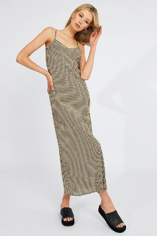 Sleeveless Women Dress in Bright Colors for Summer PartiesBrown Geo Maxi Dress Bias Cut