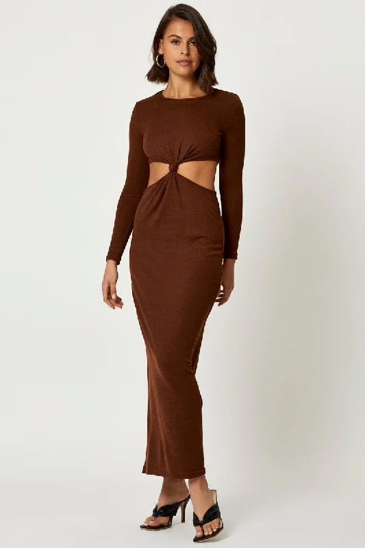 Plus Size Women Dress with a Flattering A - Line Cut for Comfort and StyleBrown Knot Front Cut Out Dress