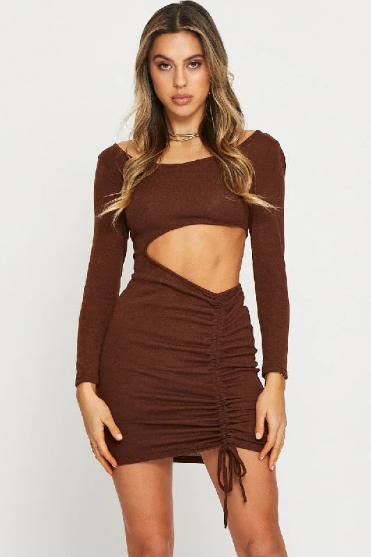 Maxi Women Dress with Floral Print for a Bohemian VibeBrown Midi Dress Long Sleeve