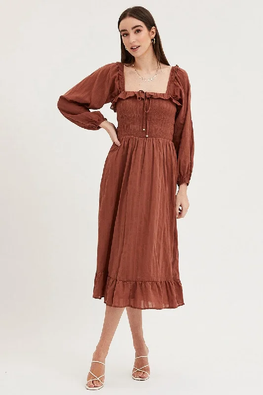 Off - the - Shoulder Women Dress for a Romantic and Feminine LookBrown Midi Dress Long Sleeve Evening Off - the - Shoulder Women Dress for a Romantic and Feminine LookBrown Midi Dress Long Sleeve Evening