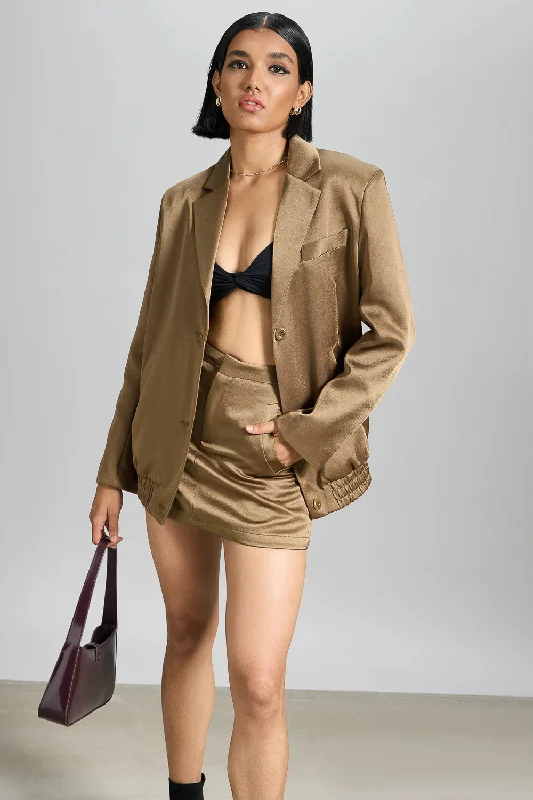 Women's faux fur - trimmed denim jackets for a trendy and cozy styleMud Brown Blazer Jacket Women's faux fur - trimmed denim jackets for a trendy and cozy styleMud Brown Blazer Jacket