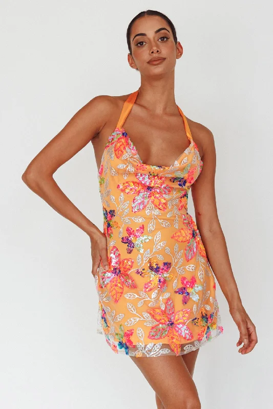 Mini Women Dress with a Short Hem for a Young and Trendy StyleChampagne Showers Halterneck Slip Mini Dress Sequin Floral Orange