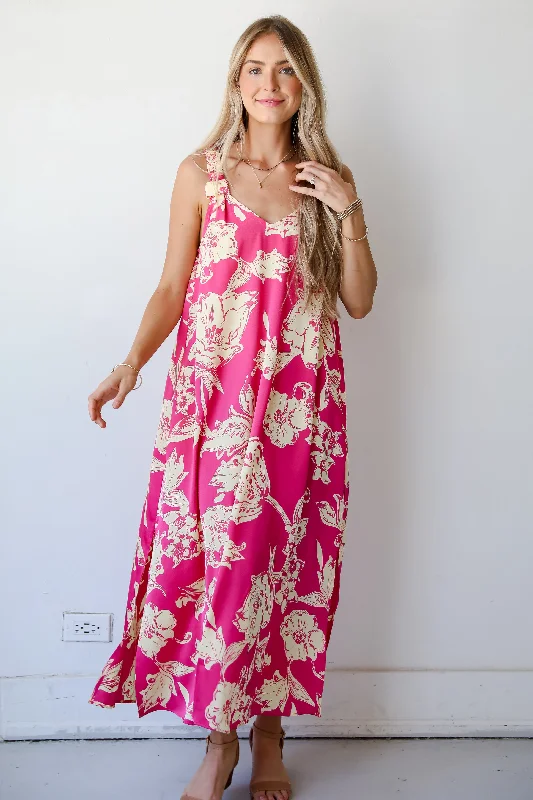 Empire Waist Women Dress to Accentuate the Bust and Conceal the WaistFINAL SALE - Charming Suggestion Fuchsia Floral Maxi Dress