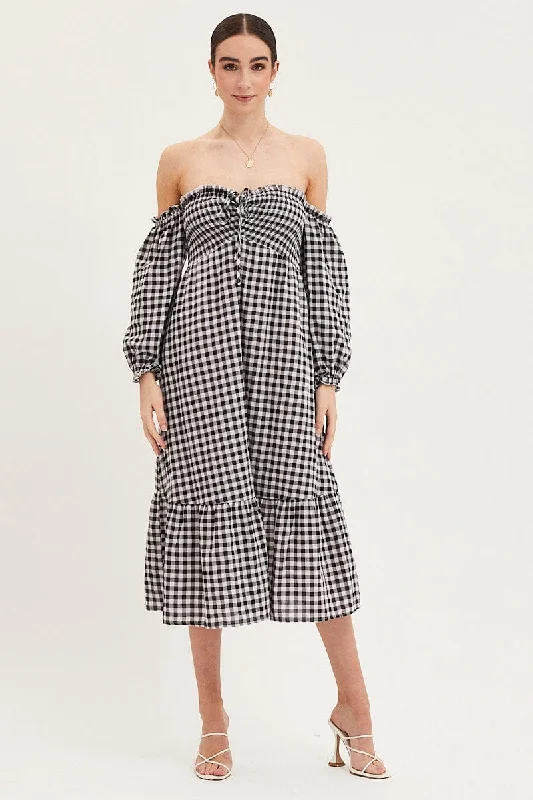 Mermaid - Style Women Dress with a Fitted Silhouette for Special OccasionsCheck Dress Off Shoulder Maxi Mermaid - Style Women Dress with a Fitted Silhouette for Special OccasionsCheck Dress Off Shoulder Maxi