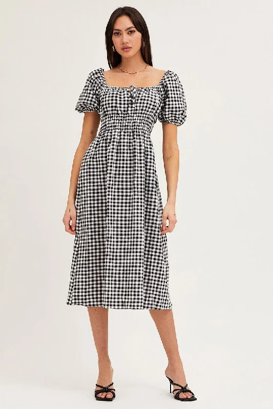 Backless Women Dress for a Sexy and Alluring Look at Evening EventsCheck Dress Short Sleeve Midi Square Neck Backless Women Dress for a Sexy and Alluring Look at Evening EventsCheck Dress Short Sleeve Midi Square Neck