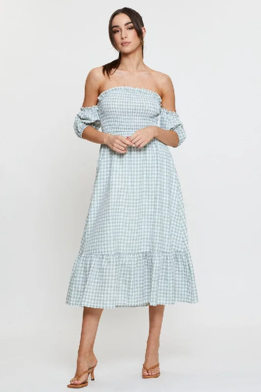 Sleeveless Women Dress in Bright Colors for Summer PartiesCheck Midi Dress Off Shoulder Short Sleeve