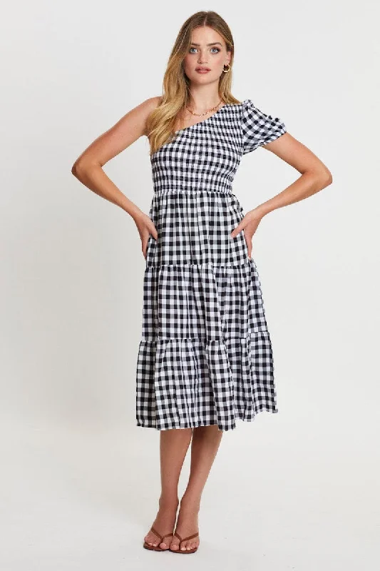 Printed Abstract Women Dress for a Modern and Artistic AppealCheck Midi Dress One Shoulder Short Sleeve
