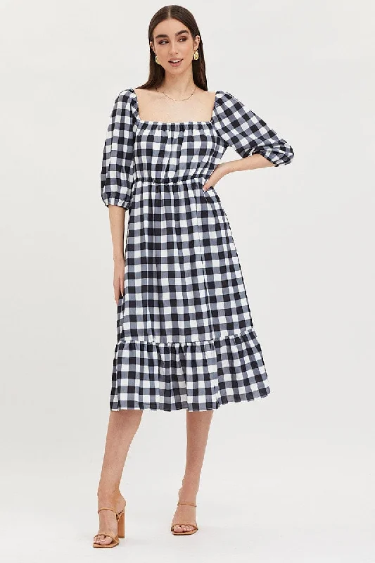 Wrap - Style Women Dress with Adjustable Fit for All Body TypesCheck Midi Dress Puff Sleeve Wrap - Style Women Dress with Adjustable Fit for All Body TypesCheck Midi Dress Puff Sleeve