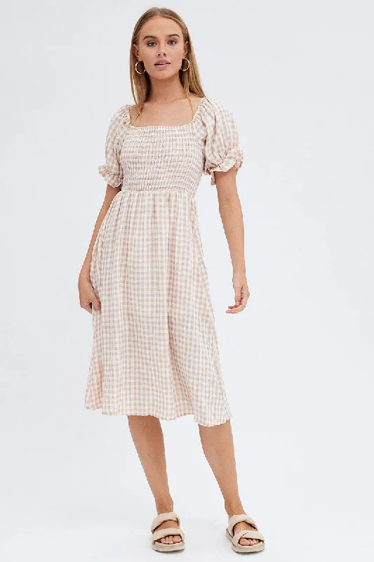 Empire Waist Women Dress to Accentuate the Bust and Conceal the WaistCheck Mini Dress Short Sleeve Square Neck